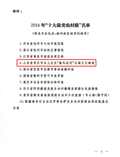 喜报！台儿庄区“鲁风运河”古城文化廊道获评全国“十大最美农村路”(图1)